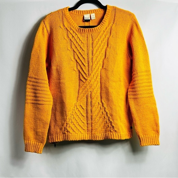 NWT Roxy Women’s Sz L Golden Yellow Glimpse of Romance Crew Neck Knit Sweater - Picture 1 of 13